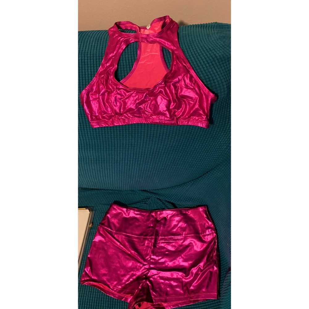 Pink metallic bra and booty shorts